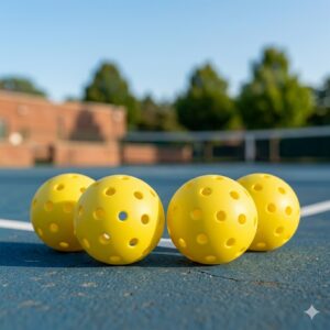 Ein Set aus vier gelben pickleball bälle langlebig outdoor für das tägliche Training.