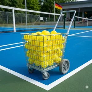 Ein metallischer Ballkorb auf Rollen gefüllt mit pickleball bälle für trainingseinheiten für Trainer.