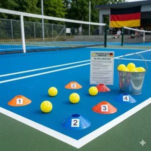 Markierungshütchen und pickleball bälle für trainingseinheiten bereitgelegt für taktische Übungen