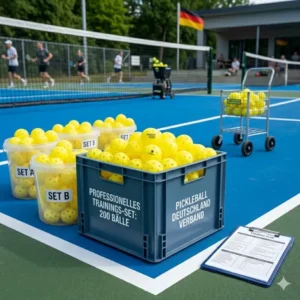 Ein großes Set in einer Transportbox bestehend aus pickleball bälle für trainingseinheiten für Vereine.