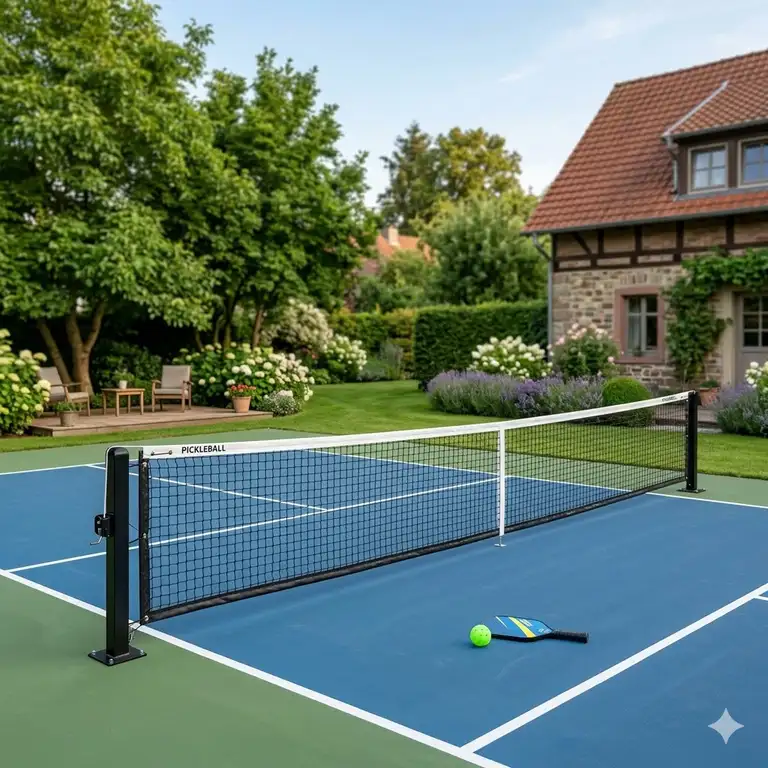 Hochwertiges Pickleball Netz für Privatgrundstück fest installiert im Garten.