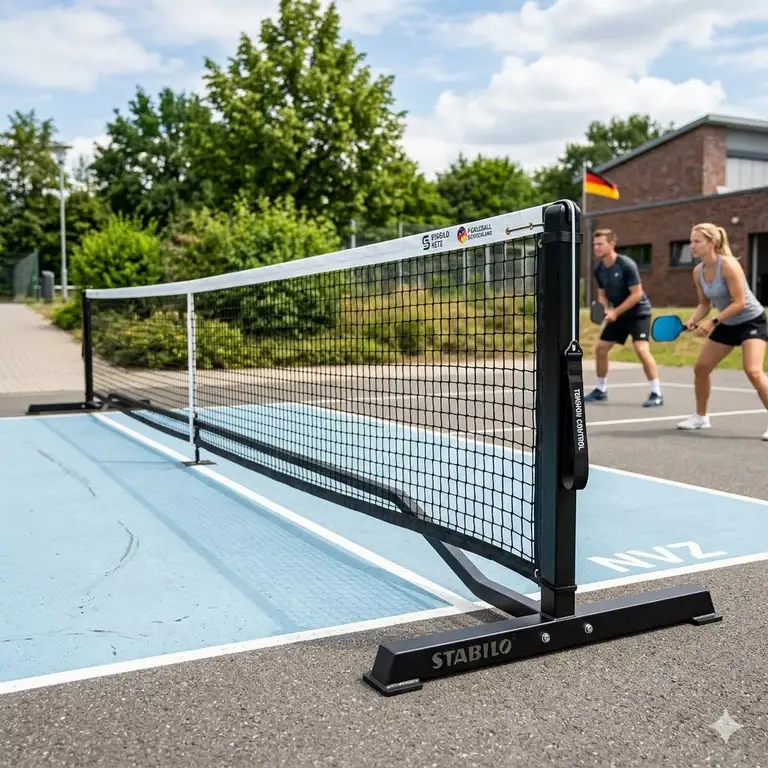 Ein professionelles pickleball netz standsicher auf einem Sportplatz in Deutschland aufgebaut.