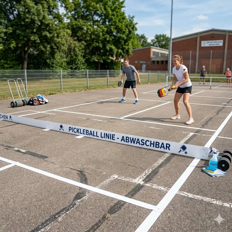 Ein komplettes Set für pickleball platz linien abwaschbar auf einem Sportplatz.