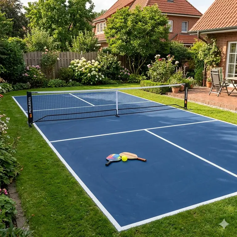 Ein professionelles pickleball feld garten setup in einem modernen Hinterhof in Deutschland.