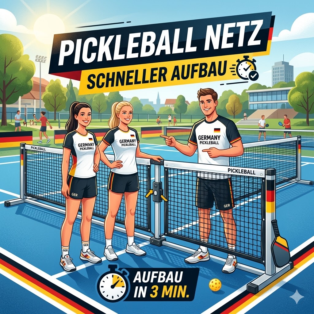 Ein professionelles Pickleball Netz schneller Aufbau auf einem Sportplatz.