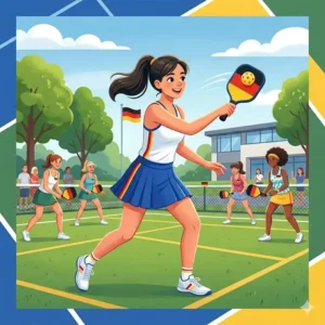 An illustration of a player in a pickleball outfit sommer, ready to hit a ball with a paddle.