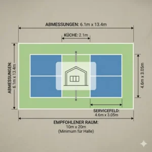 Technische Zeichnung und Abmessungen für eine pickleball platz indoor lösung in Deutschland.