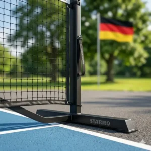 Detailaufnahme der breiten Stahlfüße für ein pickleball netz standsicher auf Asphalt.