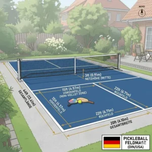 Technische Zeichnung mit Maßen für ein korrektes pickleball feld garten setup.