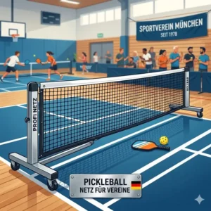 Technical illustration showing the official dimensions and height standards for a pickleball netz für vereine.