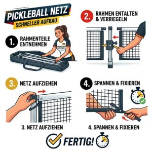 Schritt-fuer-Schritt Anleitung fuer ein Pickleball Netz schneller Aufbau.