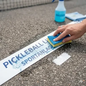 Eine Person reinigt die pickleball platz linien abwaschbar mit Wasser und einem Schwamm.
