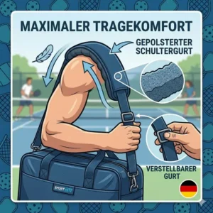 Illustration einer Pickleball Netz Transporttasche mit verstellbarem, gepolstertem Schultergurt.