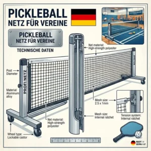 A closer view of the heavy-duty castor wheels attached to a professional pickleball netz für vereine for ease of movement.