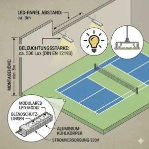 Blendfreies LED-Beleuchtungskonzept für eine professionelle pickleball platz indoor lösung.