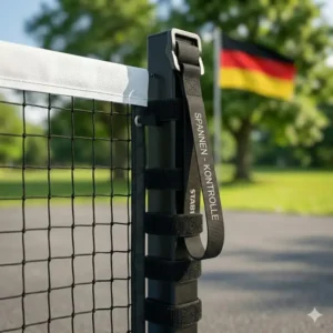 Seitliche Spanngurte am pickleball netz standsicher für eine perfekte Netzspannung.