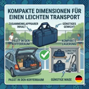 Kompakte Maße der Pickleball Netz Transporttasche für einfachen Transport im Kofferraum.