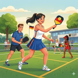 A dynamic vector illustration of a person in a performance-focused pickleball outfit sommer during mid-swing.