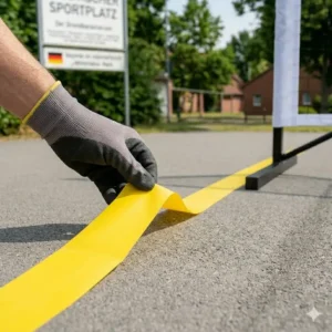 Close-up of applying yellow floor tape to the ground to pickleball platz temporär markieren without leaving bubbles.
