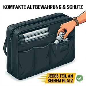 Kompakte Aufbewahrung aller Teile fuer das Pickleball Netz schneller Aufbau.