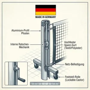 An illustrated guide showing the quick, 5-minute assembly process of a mobile pickleball netz für vereine.