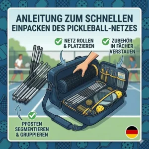 Anleitungsgrafik zum schnellen Einpacken des Pickleball Netzes in die Transporttasche.