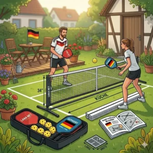 Modern pickleball court tragbar installed perfectly in a home garden.