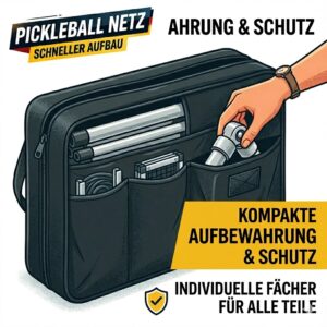 Individuelle Faecher sorgen beim Pickleball Netz schneller Aufbau fuer Ordnung.