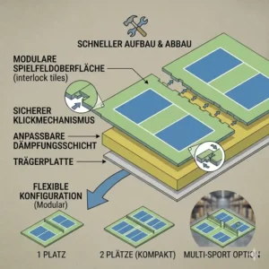 Flexibles Klick-System für eine modulare und temporäre pickleball platz indoor lösung.