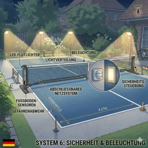 Die richtige Beleuchtung und Sicherheitssteuerung für ein pickleball feld garten setup.