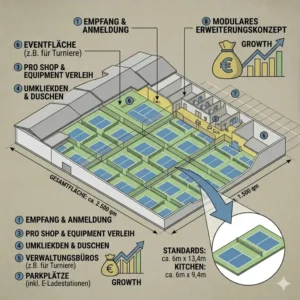 3D-Grundriss einer kommerziellen Sportanlage mit mehreren Spielfeldern als pickleball platz indoor lösung.
