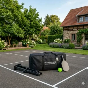 Kompakte Transporttasche für ein Pickleball Netz für Privatgrundstück.