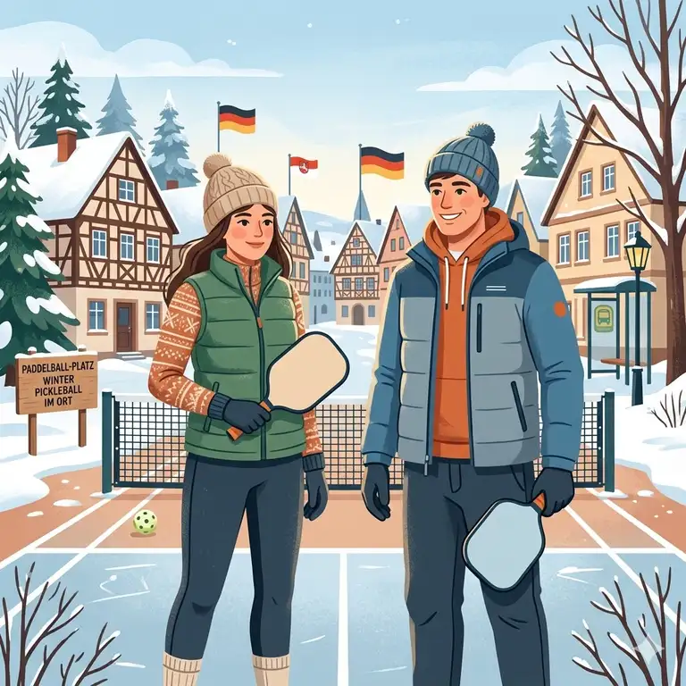 A group of players on a court in Germany wearing a stylish pickleball outfit winter including thermal leggings and quilted vests
