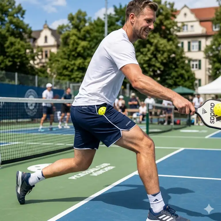 pickleball shorts herren sportlich Sportliche Pickleball Shorts für Herren in Dunkelblau beim dynamischen Match auf dem Court.