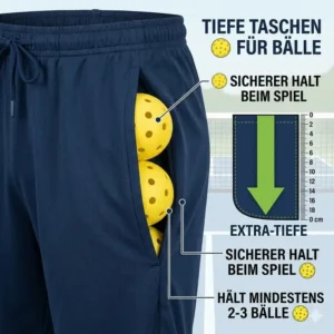 Sportliche Herren Pickleball Shorts mit tiefen Taschen speziell zum sicheren Aufbewahren von Pickleball-Bällen.