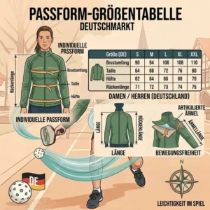 Größentabelle und Passform-Skizze für eine perfekte pickleball jacke leicht sport.