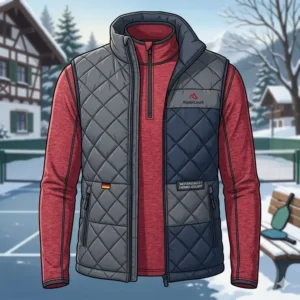 A lightweight quilted performance vest worn as a core piece of a pickleball outfit winter.