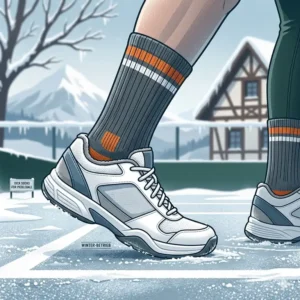 Moisture-wicking thick crew socks and court shoes for a warm pickleball outfit winter.