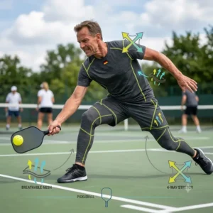 Pickleball-Spieler beim Ausfallschritt zeigt die Dehnbarkeit flexibler pickleball funktionskleidung