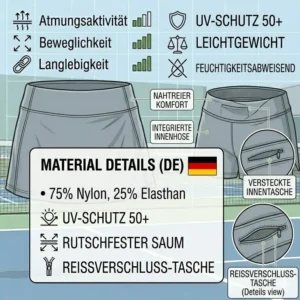 Illustration der versteckten Handytasche in der Innenhose des pickleball rock damen funktional.