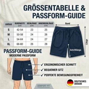 Größentabelle und Passform-Guide für sportliche Pickleball Shorts für Herren zur Auswahl der richtigen Konfektionsgröße.