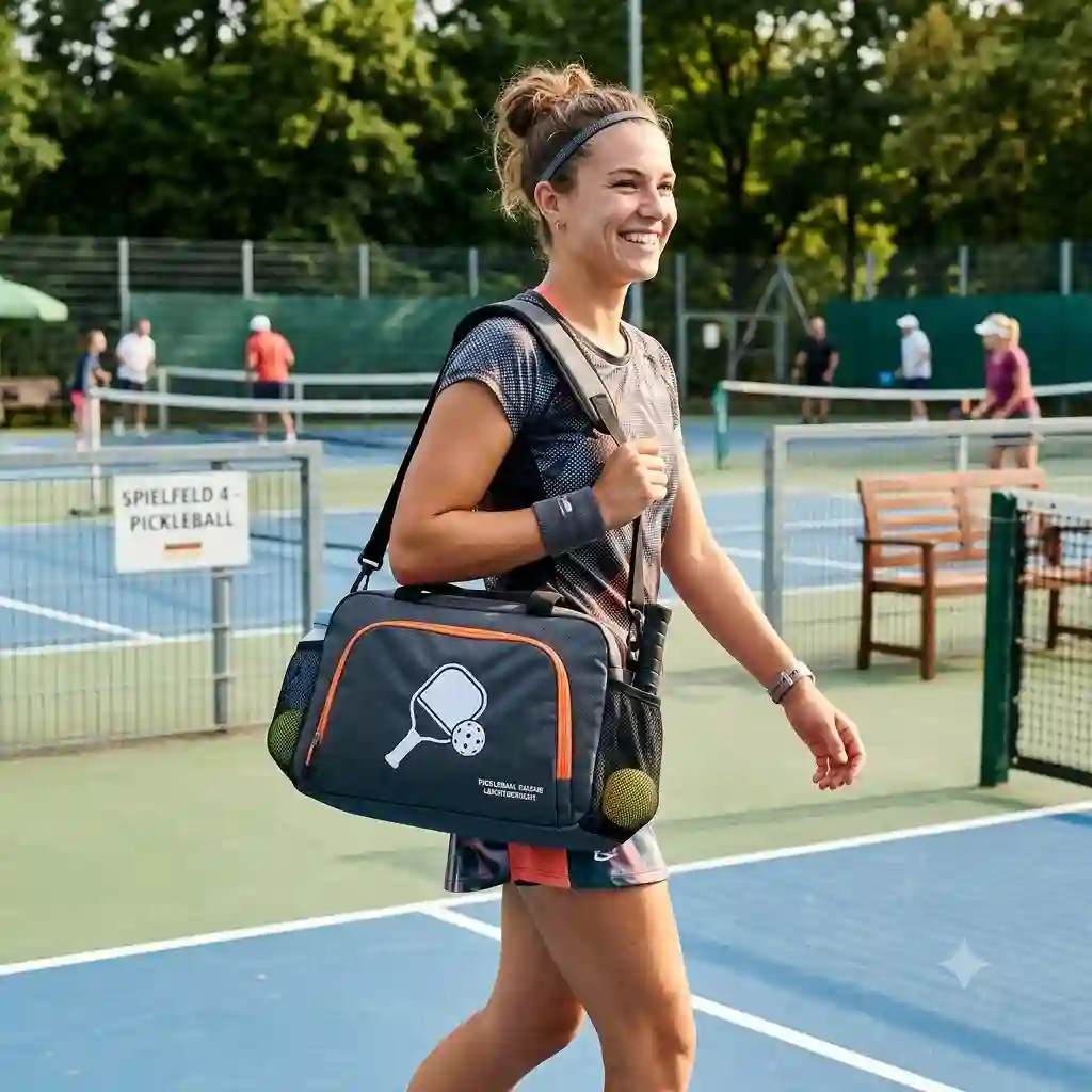A sporty lightweight pickleball bag carried on a pickleball court in Germany.pickleball tasche leichtgewicht