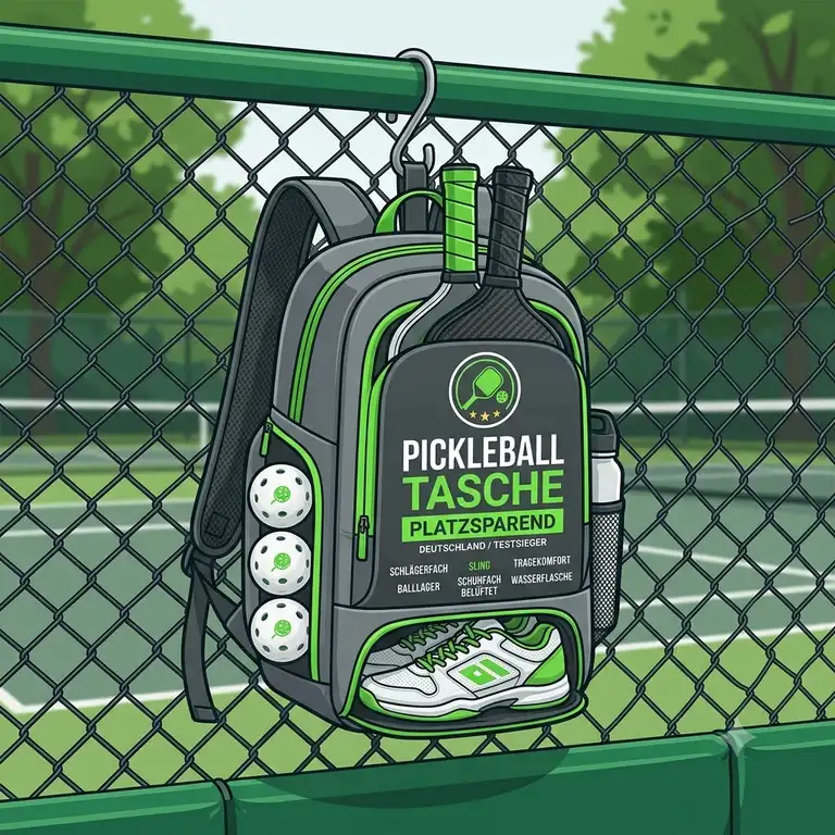 Platzsparende pickleball tasche mit Schlägern und Bällen ordentlich verstaut – der ideale Rucksack für den Sportplatz.