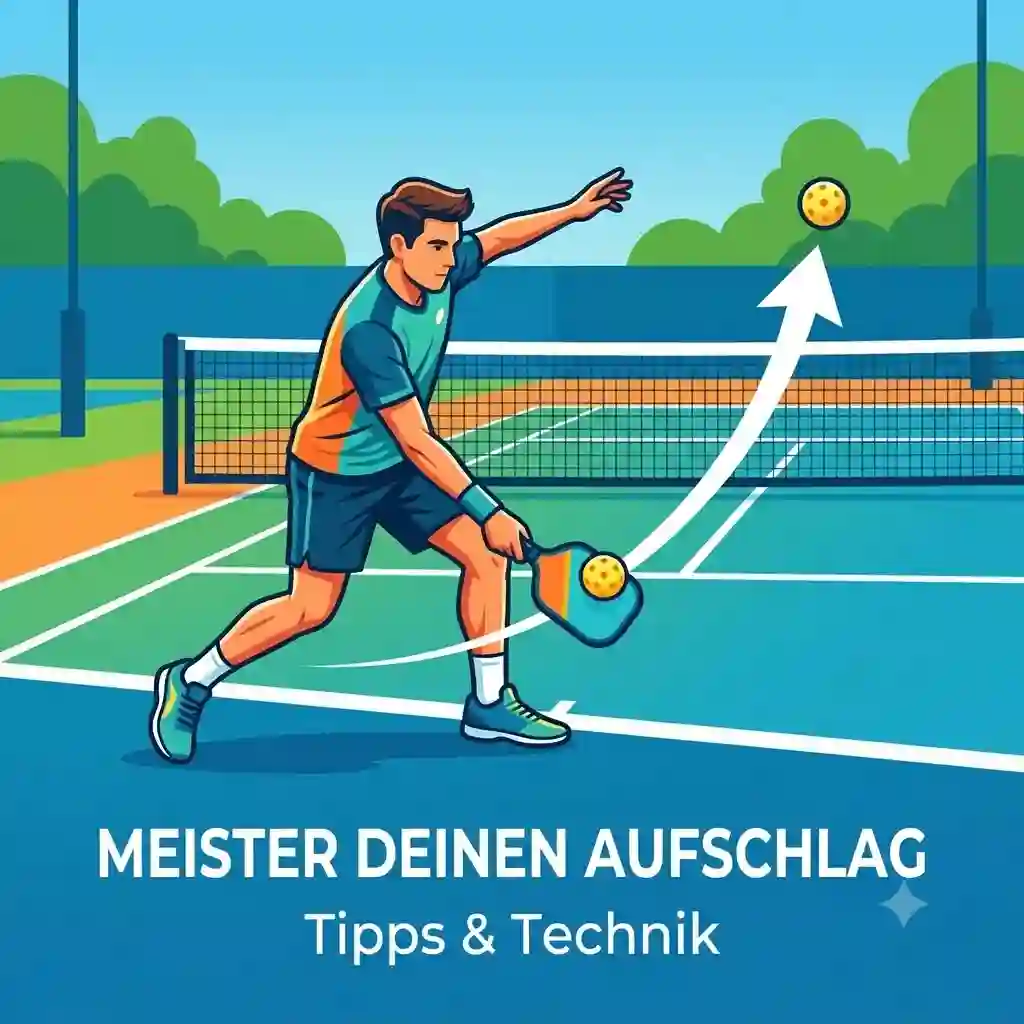 A featured image for a pickleball aufschlag training guide, showing a player executing a clean serve.