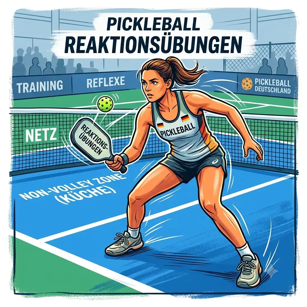 A pickleball player in a dynamic stance on a blue court, ready for specific pickleball reaktionsübungen.