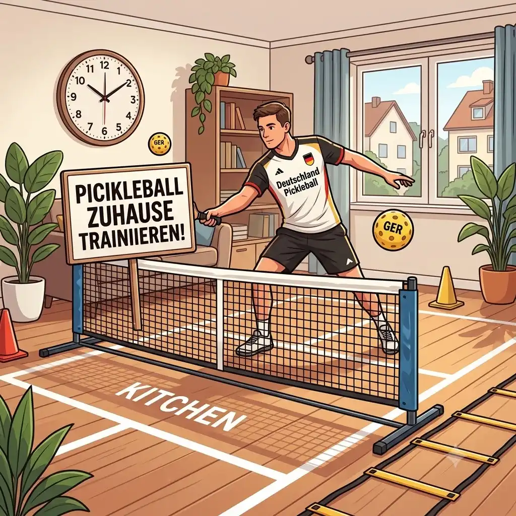 A complete gear setup featuring a paddle, balls, and floor markings for pickleball training zuhause.