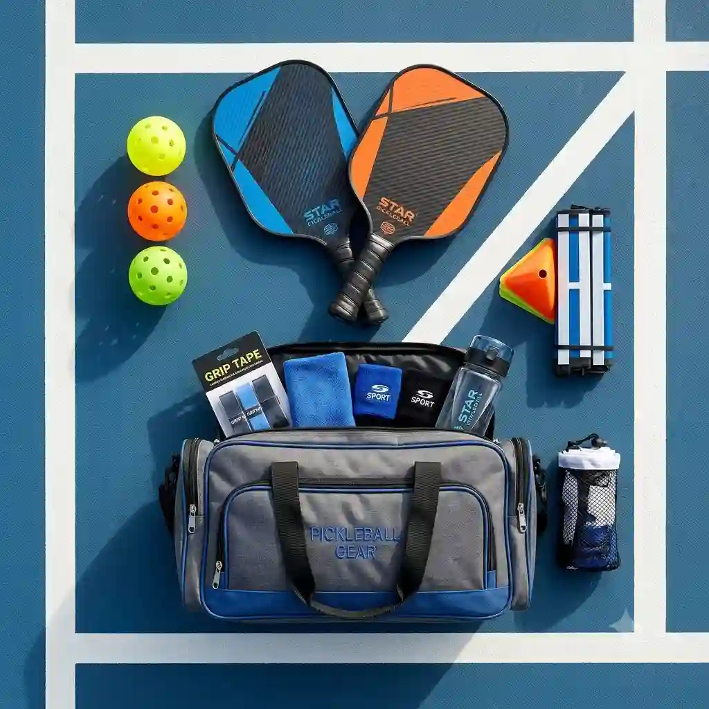 A professional featured image showing a complete pickleball zubehör set including paddles, balls, and gear.