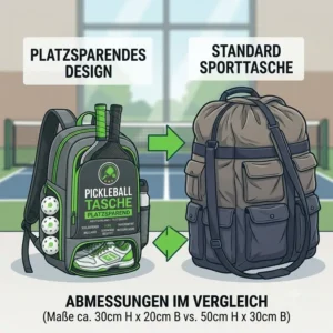 Grafische Darstellung der kompakten Abmessungen einer pickleball tasche platzsparend im Vergleich zu herkömmlichen Sporttaschen.
