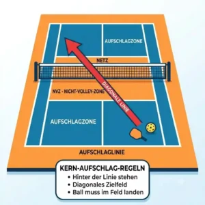 Pickleball aufschlag training diagram showing the core rules and diagonal service boxes.