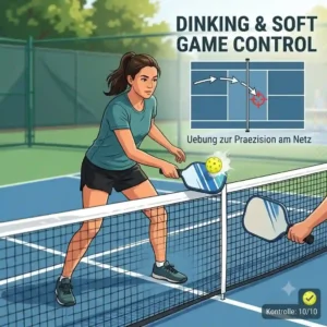 A diagram showcasing pickleball control exercises focused on soft-touch dinking at the kitchen line.